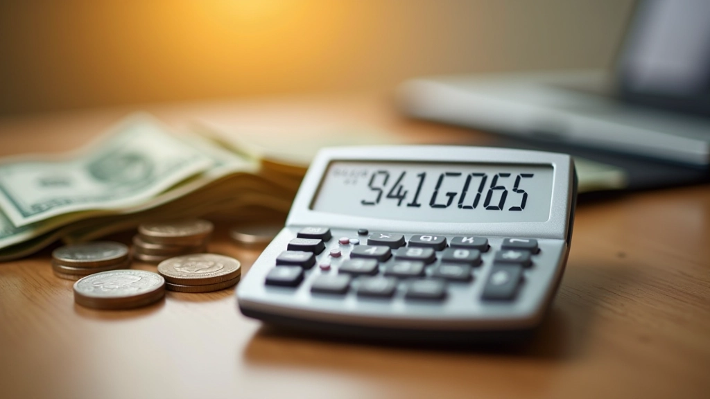 Calculatrice affichant des économies mensuelles avec des billets et pièces à côté