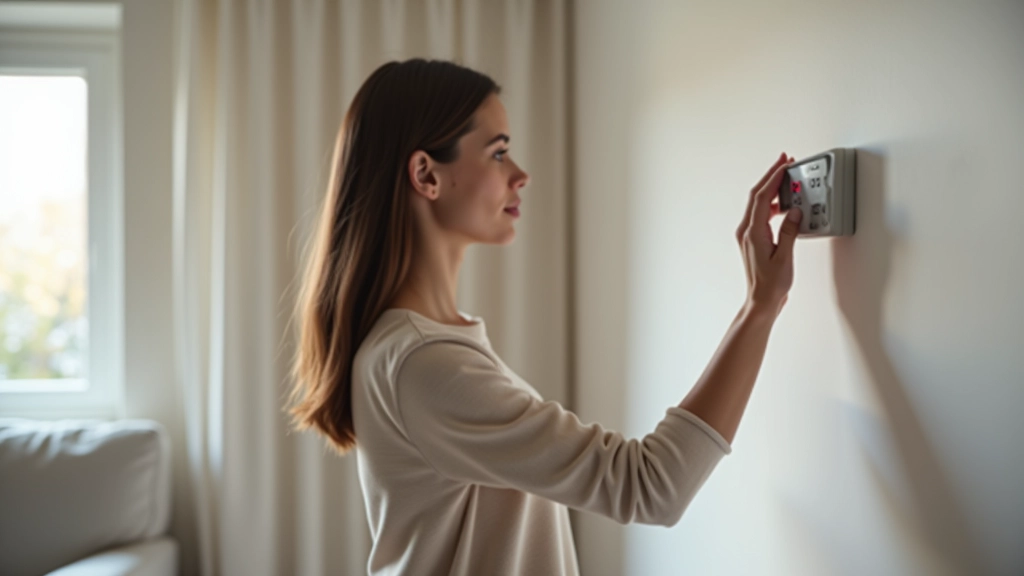 Femme réglant un thermostat mural pour réduire la température de chauffage